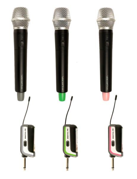 THREE-PERSON RECHARGEABLE PLUG-IN WIRELESS MICROPHONE SYSTEM WITH MIC-ON-CHIP (TM) TECHNOLOGY.